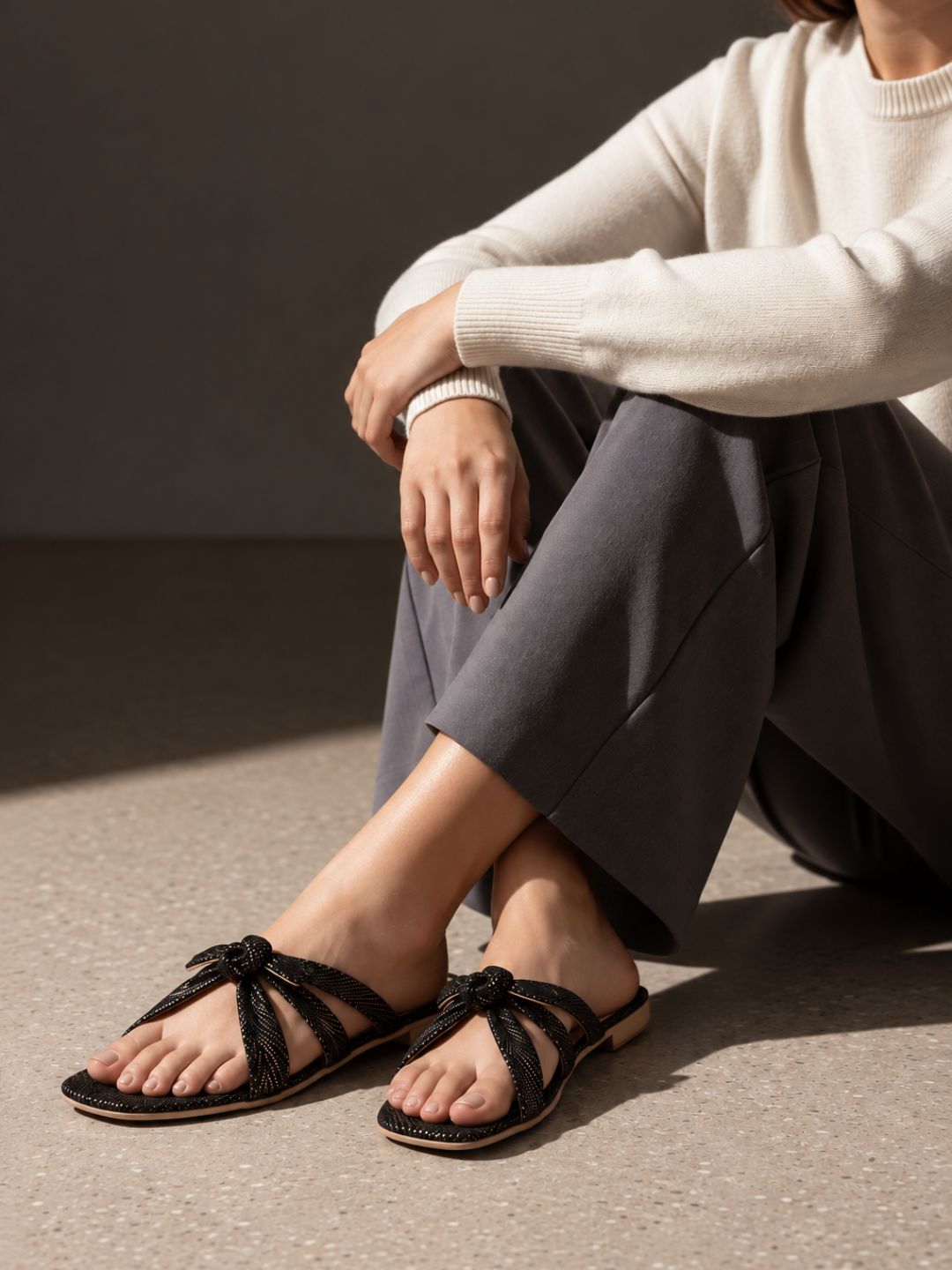 Womens Golden Casual Striped Round Toe Flats