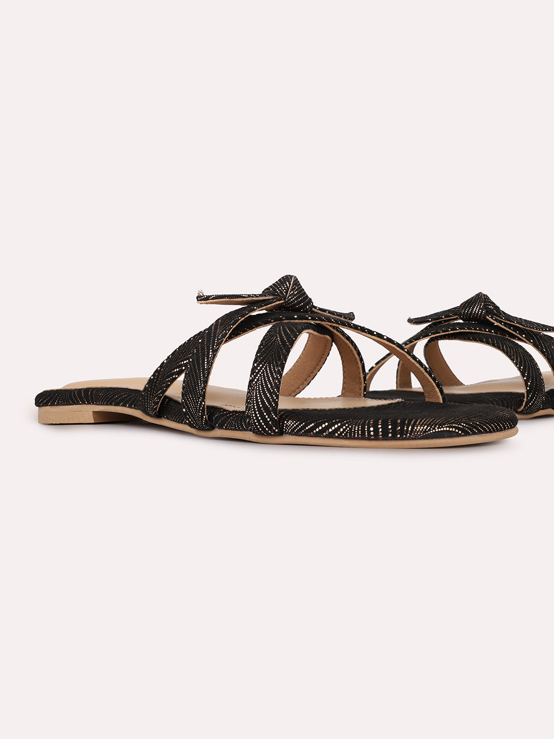 Womens Golden Casual Striped Round Toe Flats