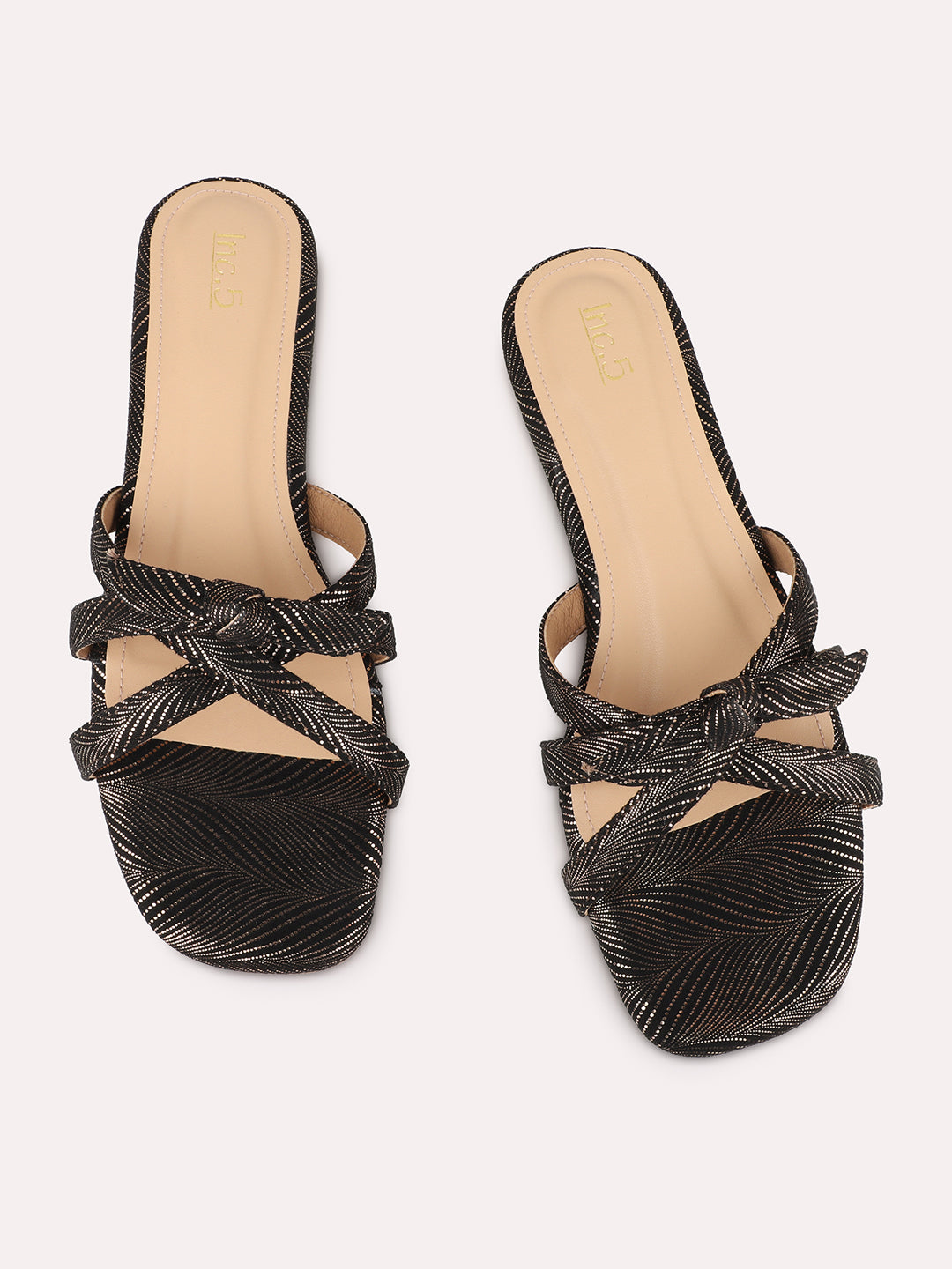 Womens Golden Casual Striped Round Toe Flats