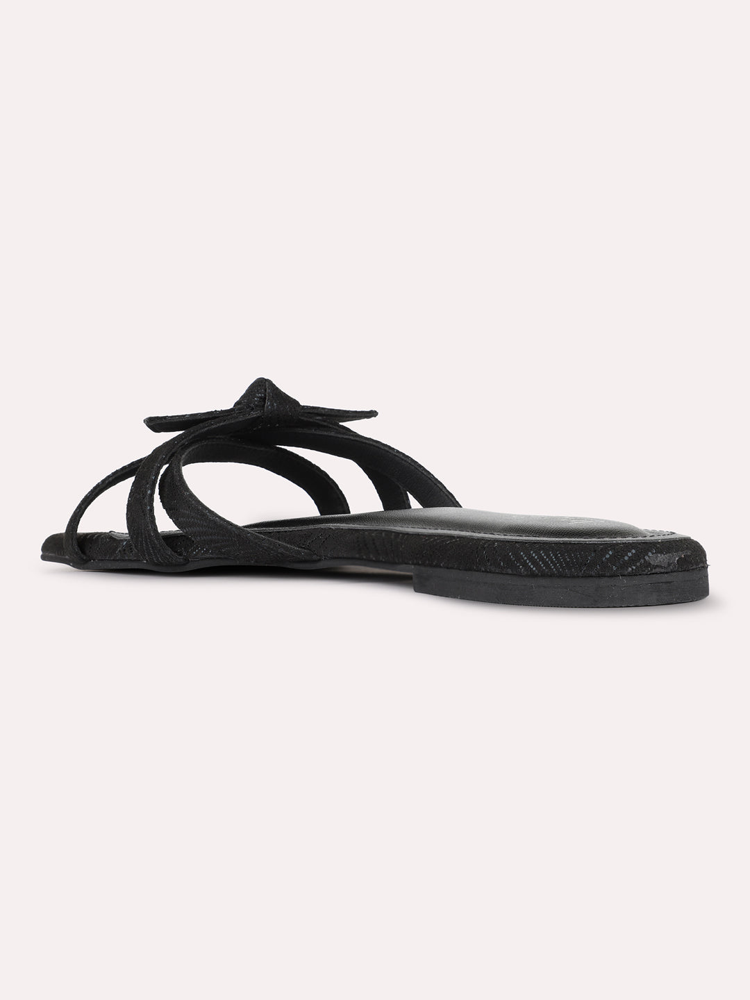 Womens Black Casual Striped Round Toe Flat Slip-Ons