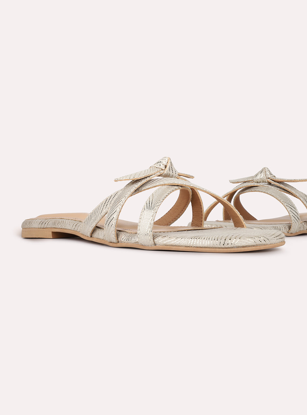 Womens Golden Casual Striped Round Toe Flat Slip-Ons