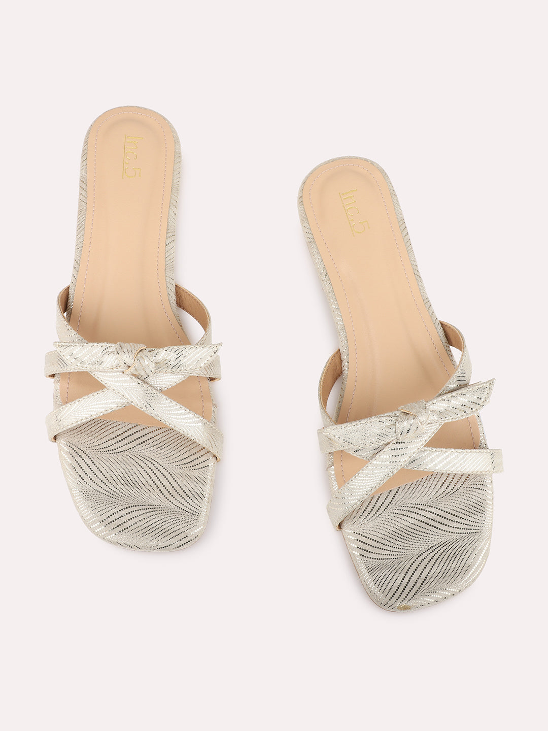 Womens Golden Casual Striped Round Toe Flat Slip-Ons