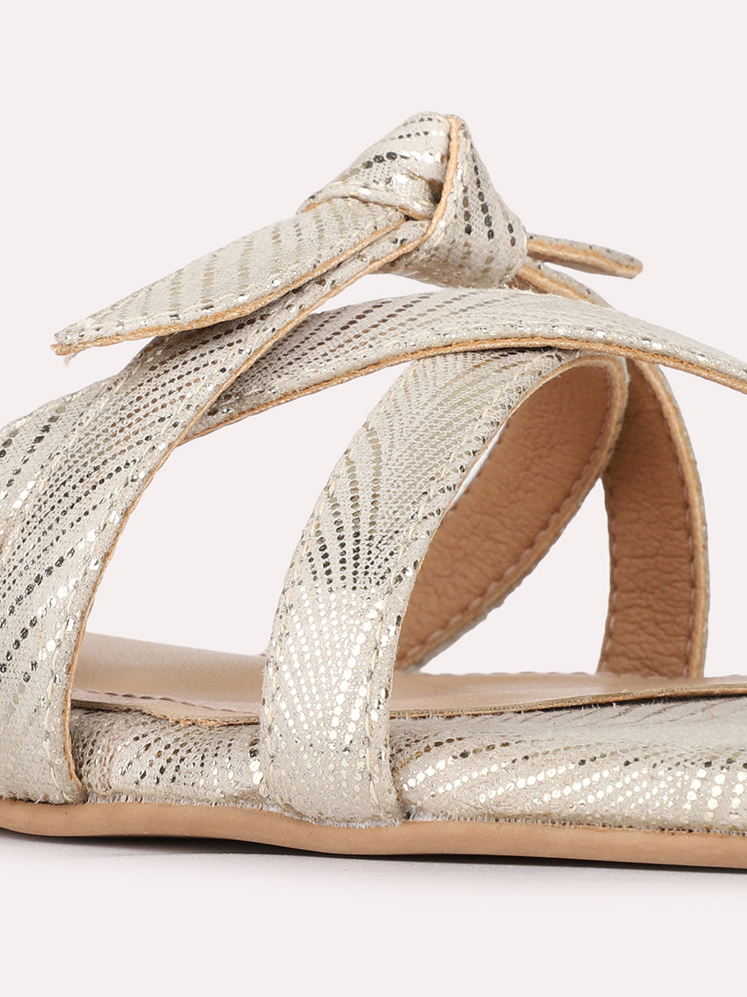 Womens Golden Casual Striped Round Toe Flat Slip-Ons