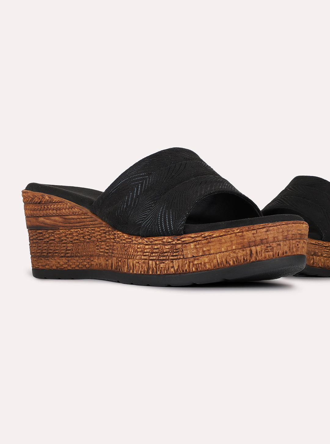 Womens Black Casual Embellished Round Toe Wedge Heels