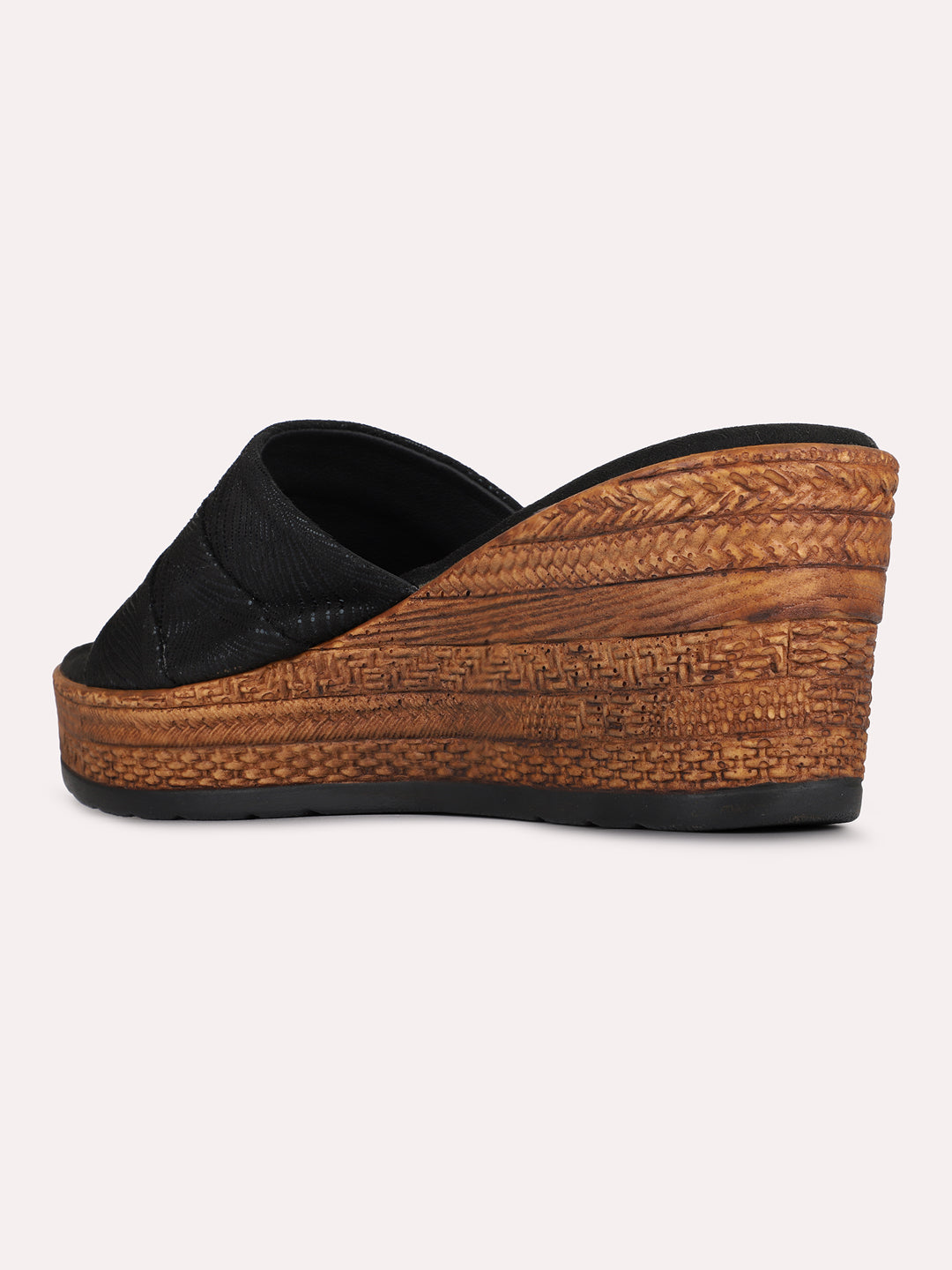 Womens Black Casual Embellished Round Toe Wedge Heels