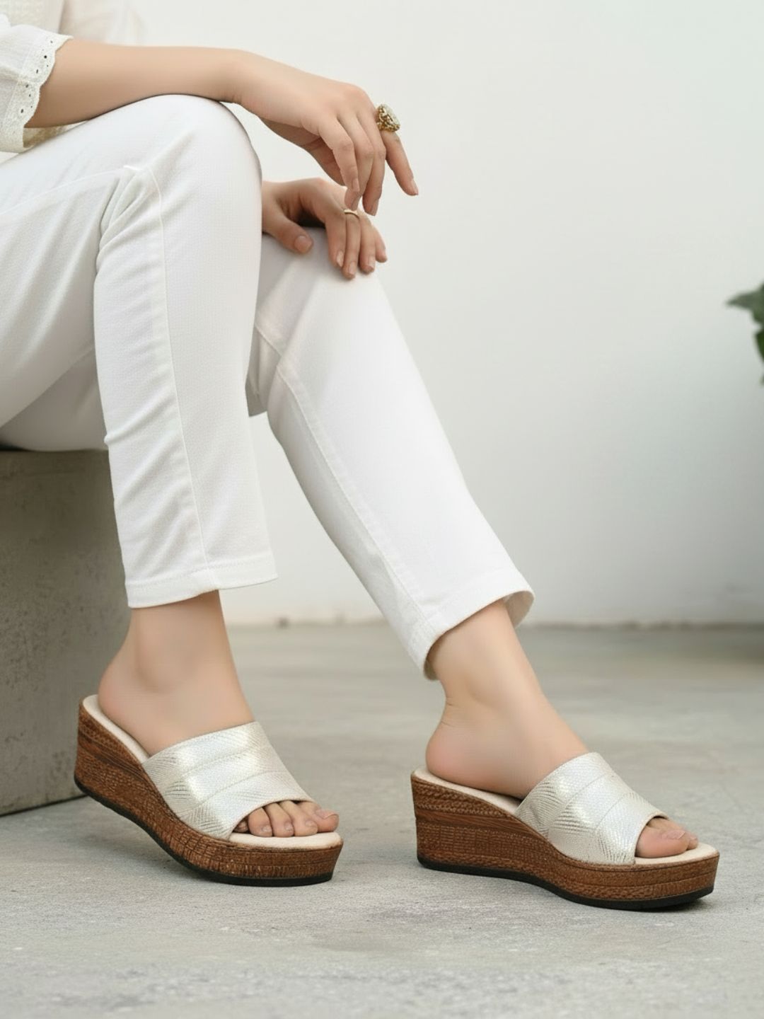 Womens Golden Casual Embellished Round Toe Wedge Heels