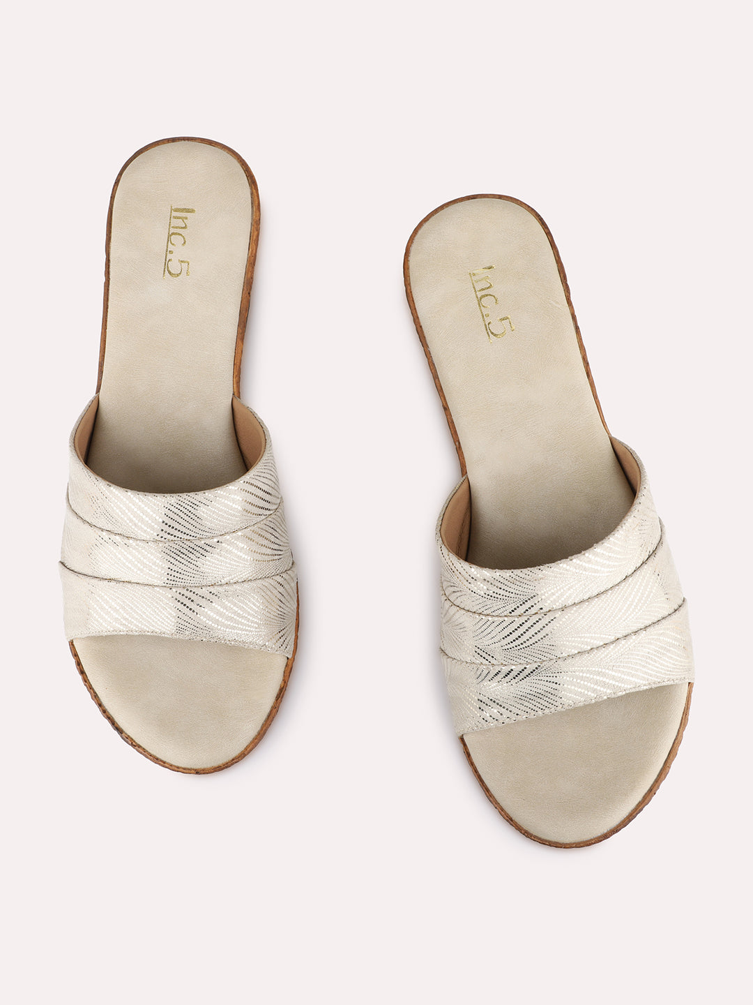 Womens Golden Casual Embellished Round Toe Wedge Heels