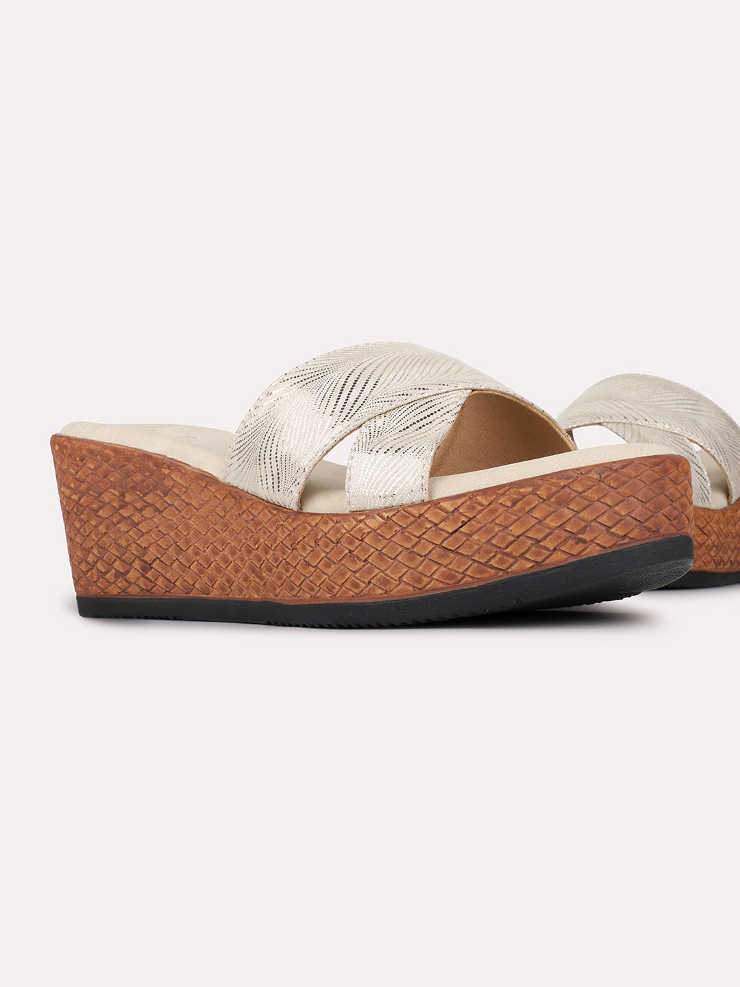 Womens Golden Casual Solid Round Toe Wedge Heels