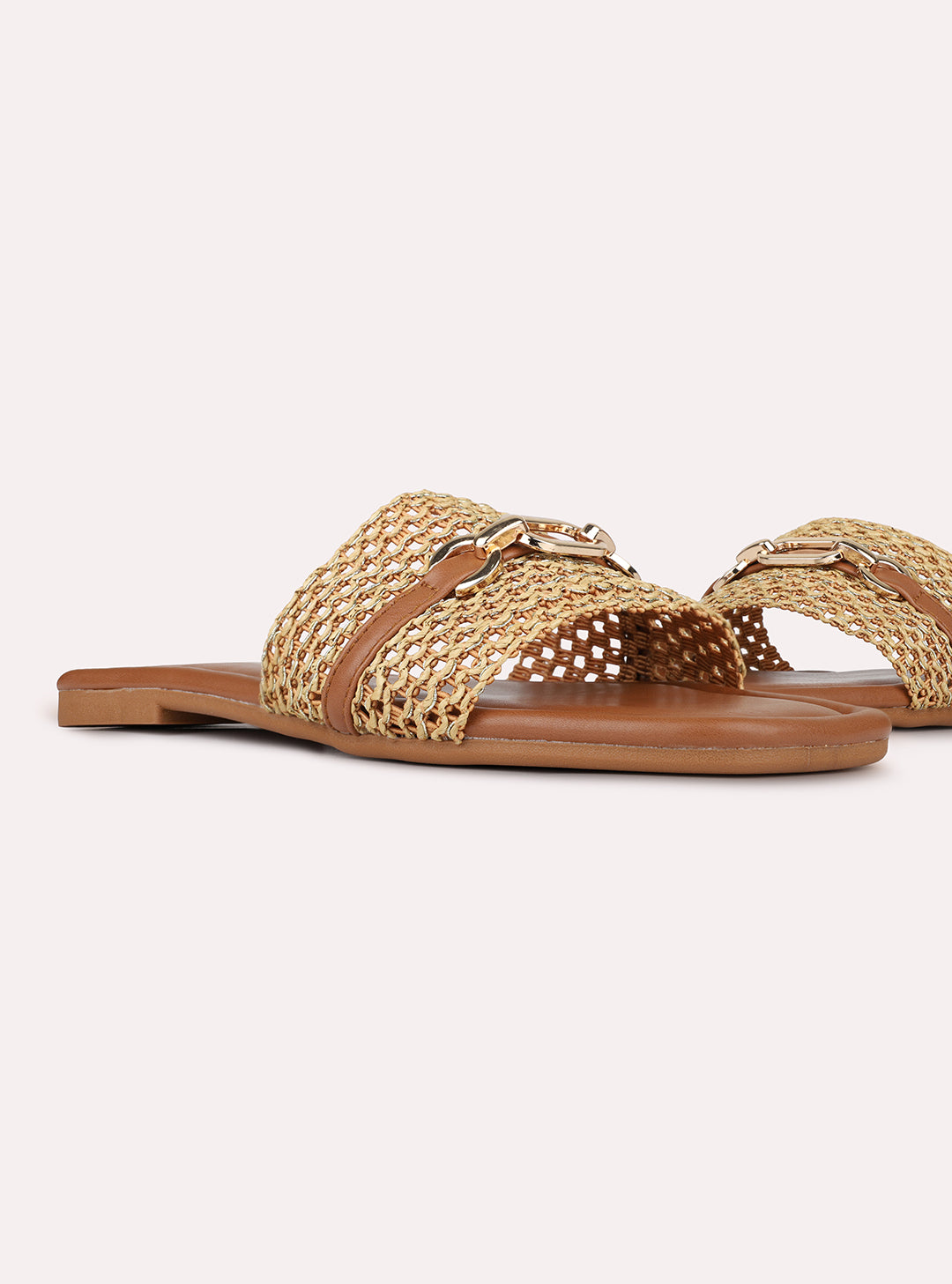 Womens Beige Casual Embellished Open Toe Slip-On Flats