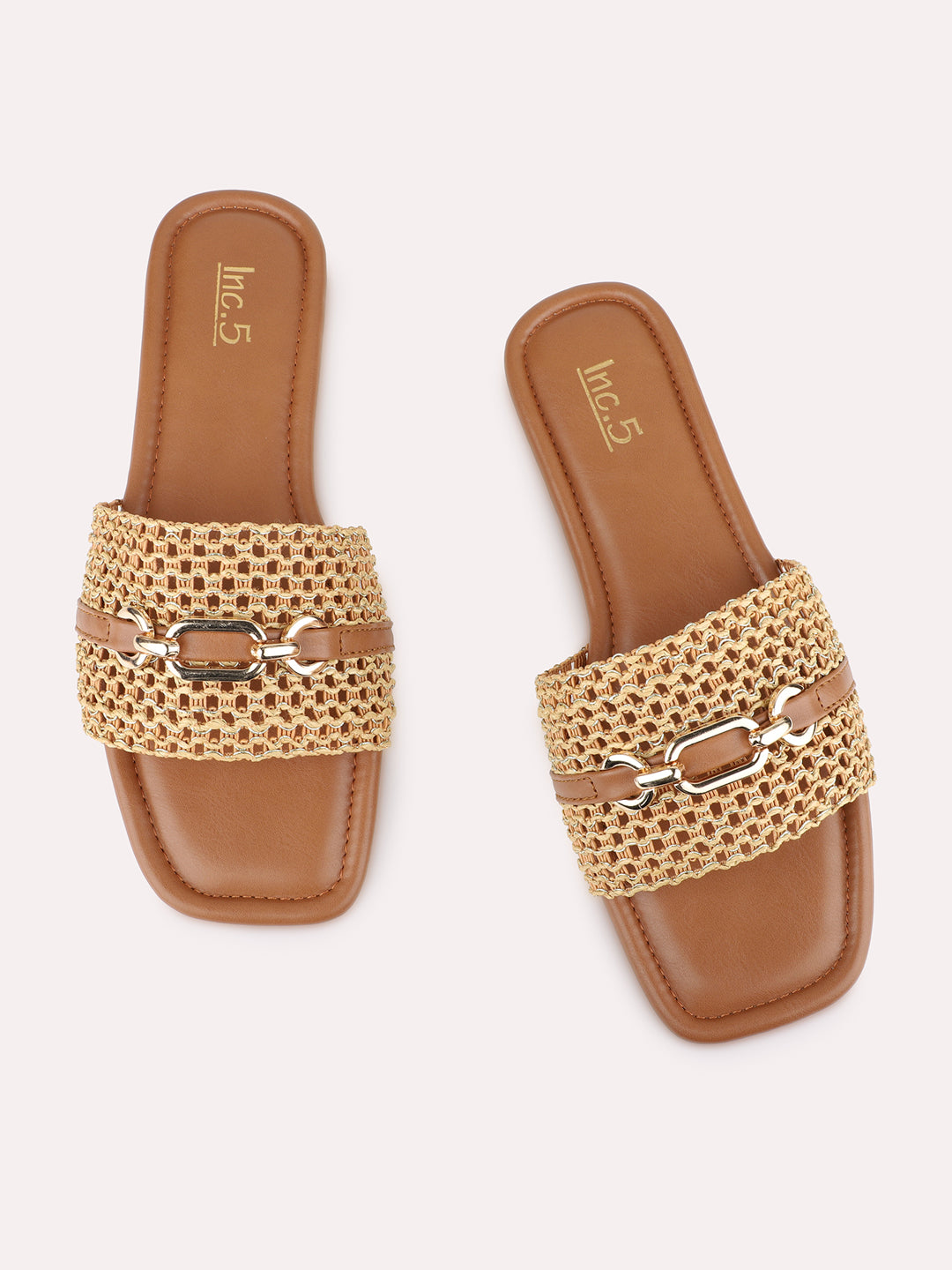 Womens Beige Casual Embellished Open Toe Slip-On Flats