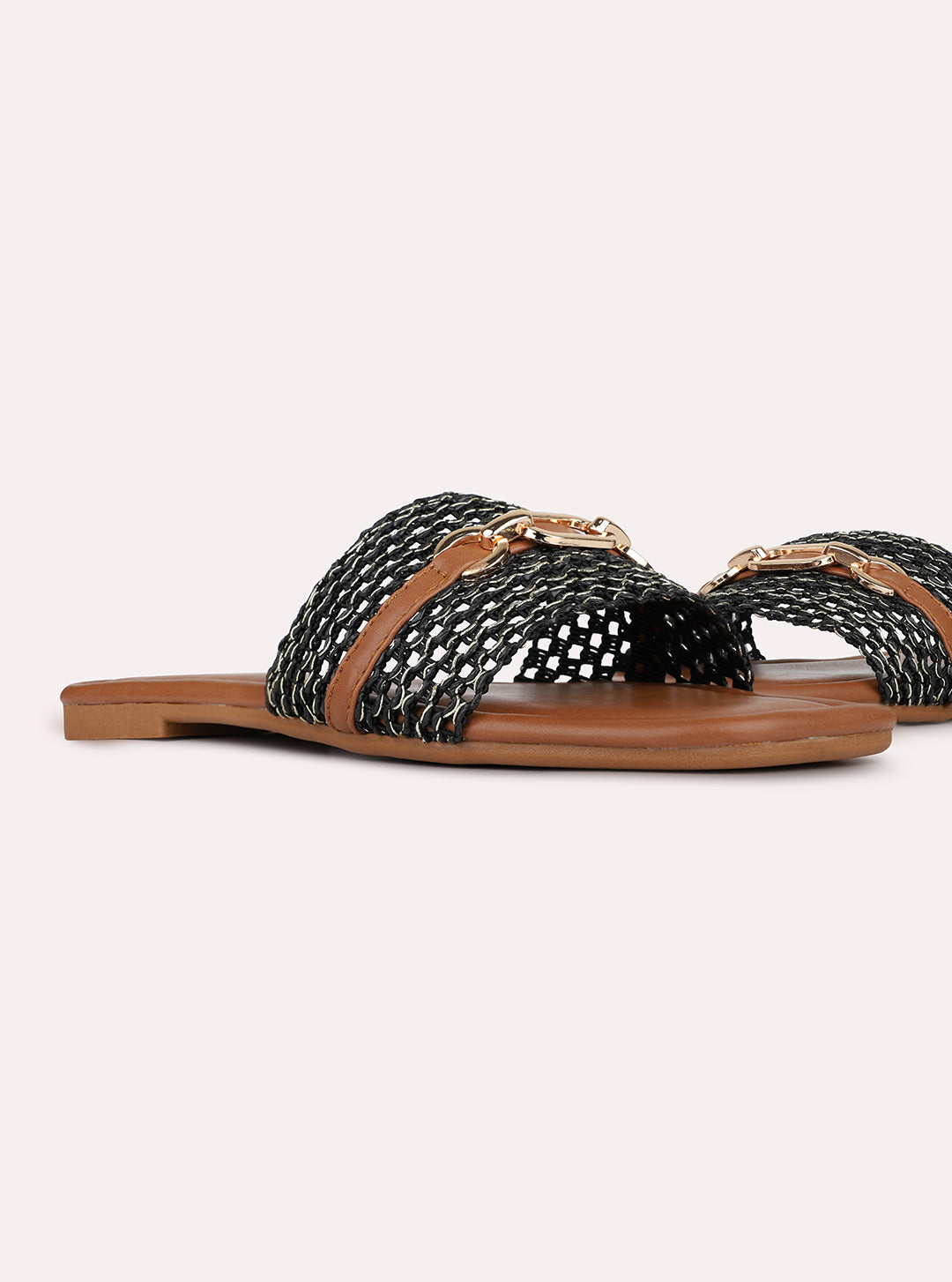 Womens Black Casual Embellished Open Toe Slip-On Flats