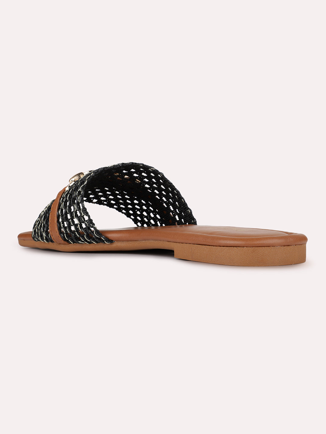 Womens Black Casual Embellished Open Toe Slip-On Flats