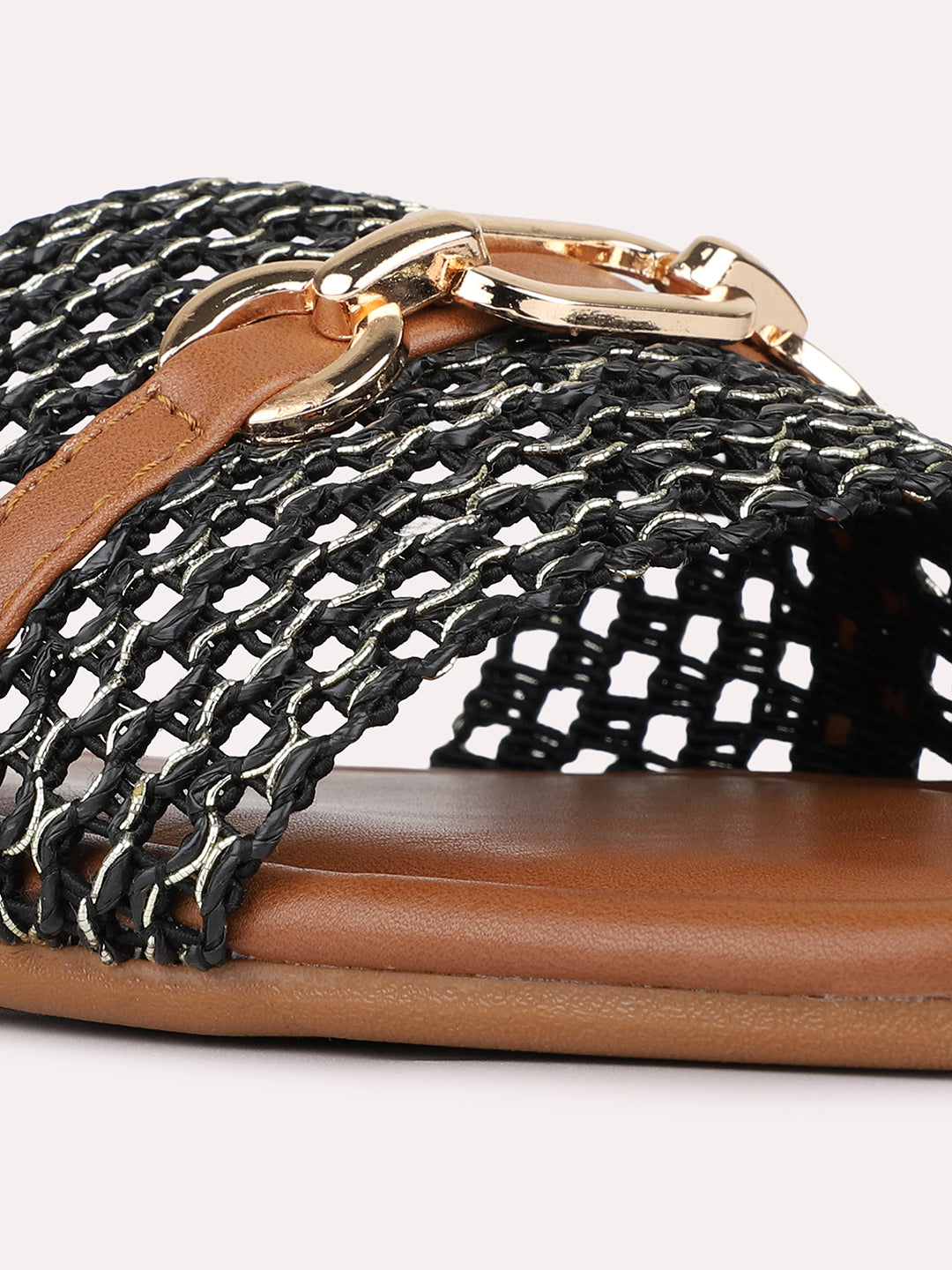 Womens Black Casual Embellished Open Toe Slip-On Flats