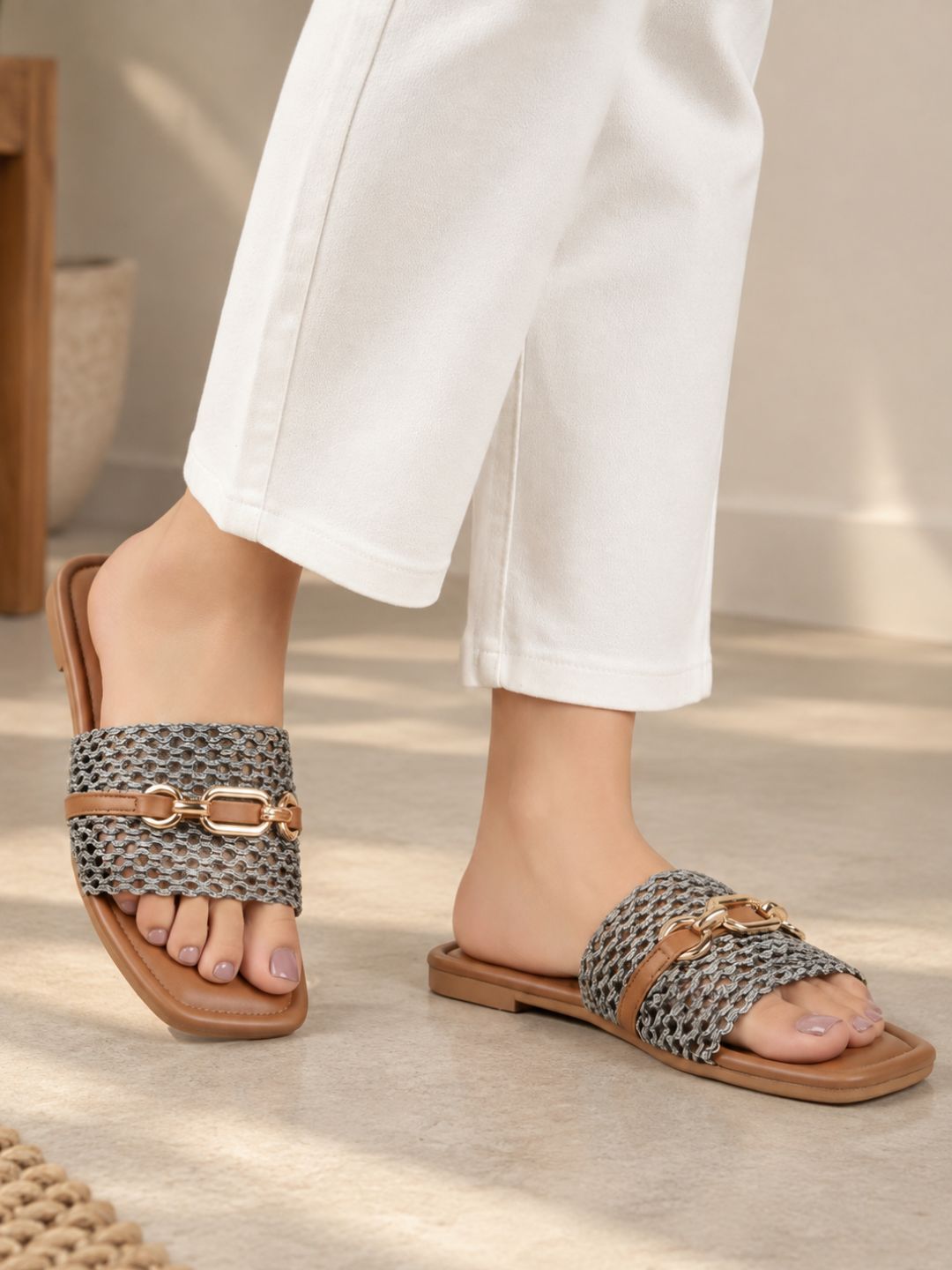 Womens Blue Casual Embossed Square Toe Flat Slip-Ons