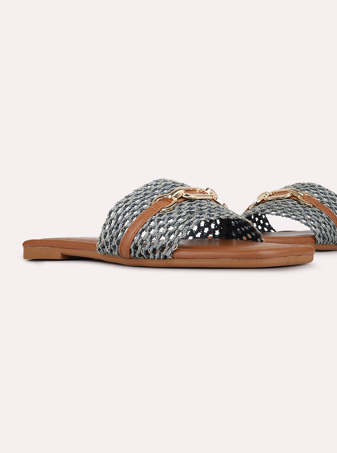 Womens Blue Casual Embossed Square Toe Flat Slip-Ons