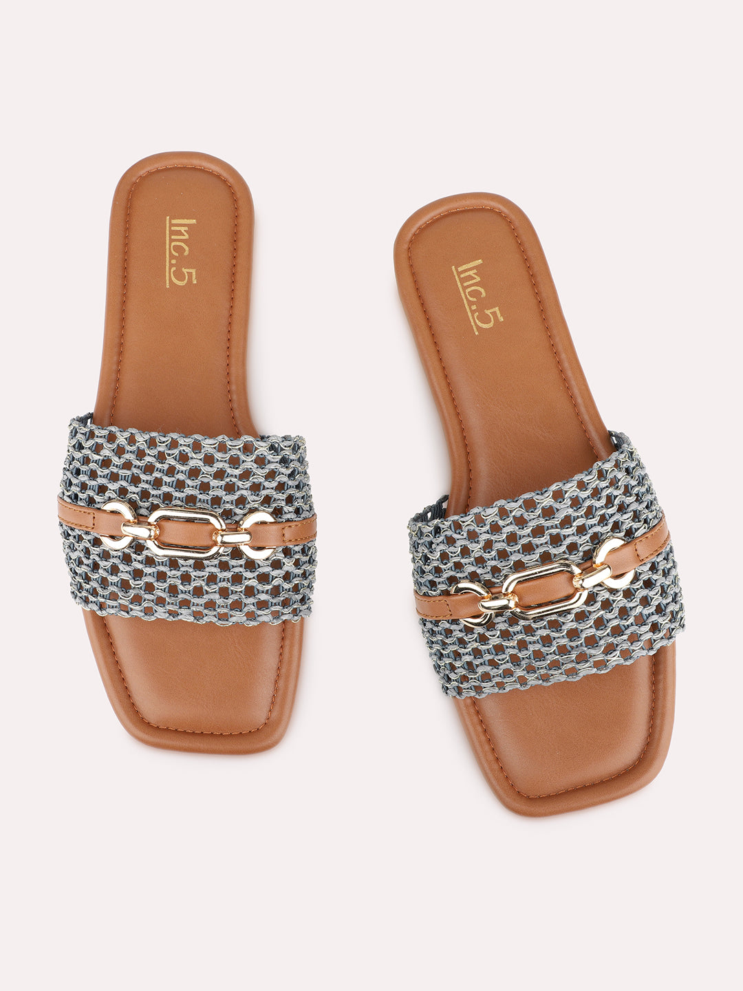 Womens Blue Casual Embossed Square Toe Flat Slip-Ons