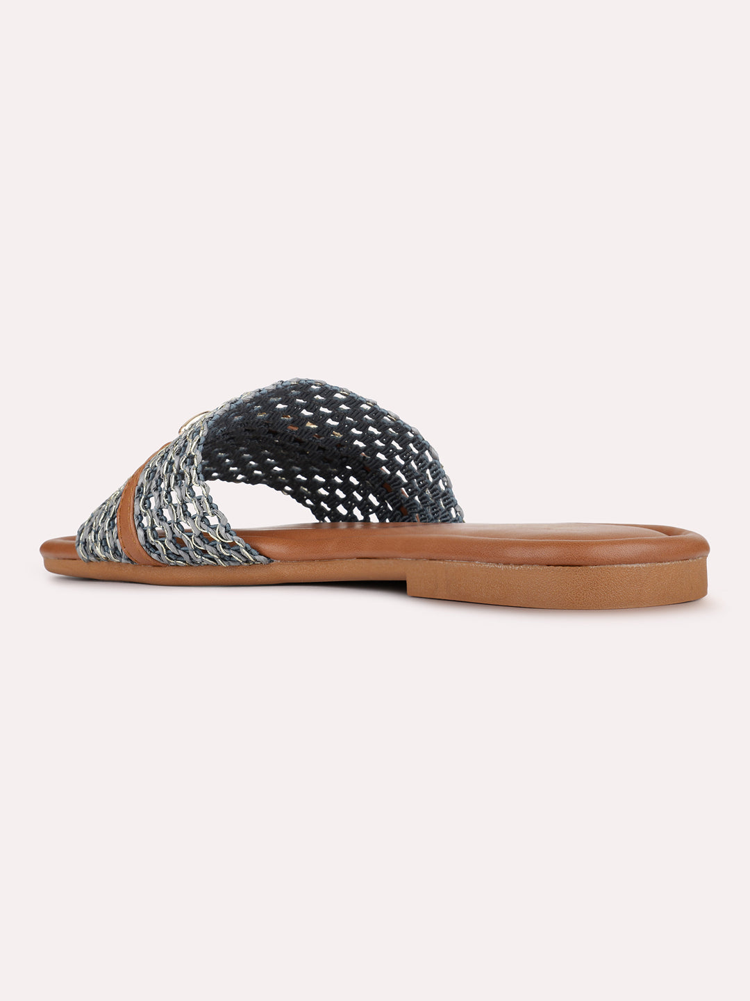 Womens Blue Casual Embossed Square Toe Flat Slip-Ons