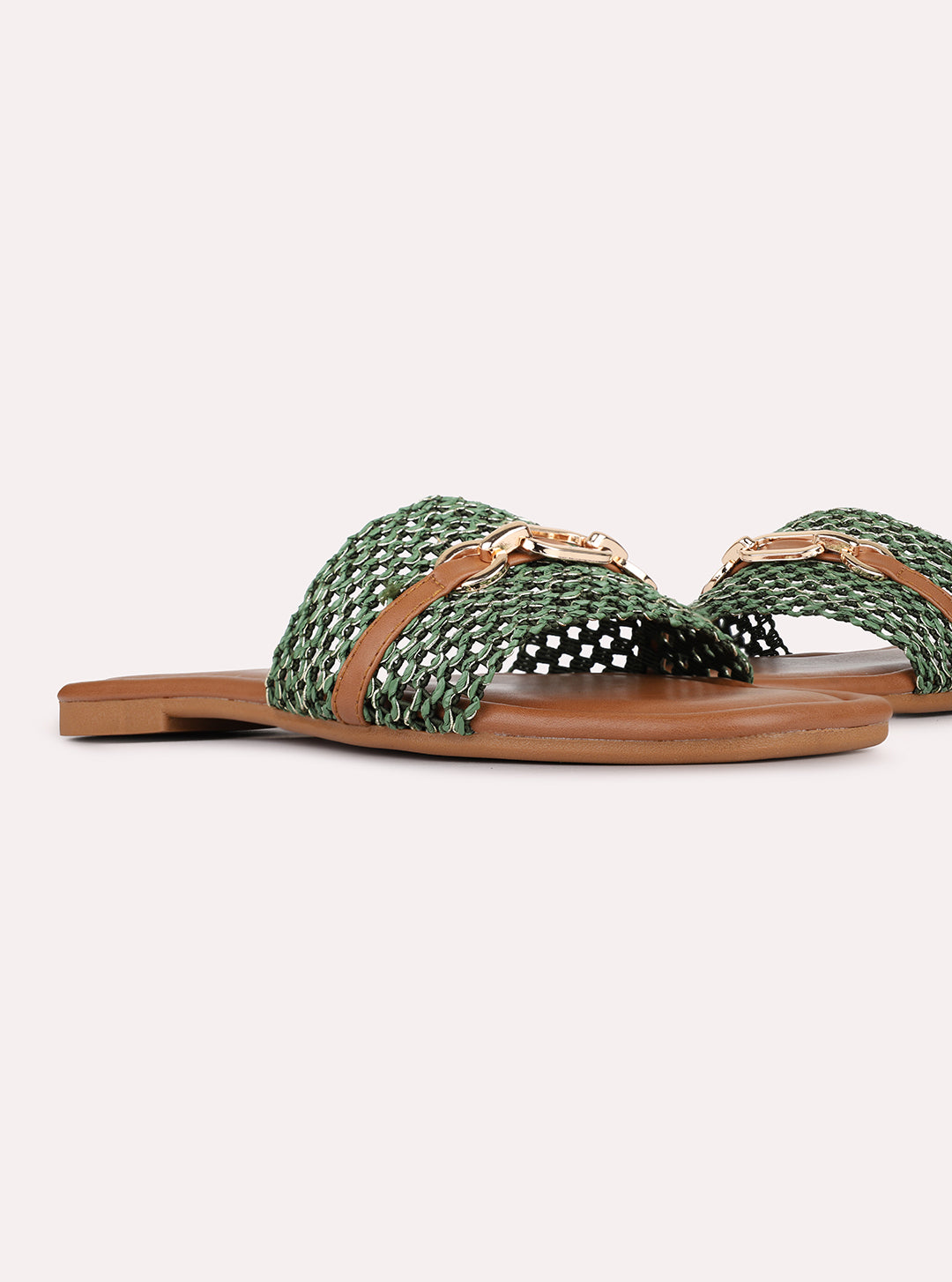 Womens Green Casual Embossed Square Toe Flat Slip-Ons