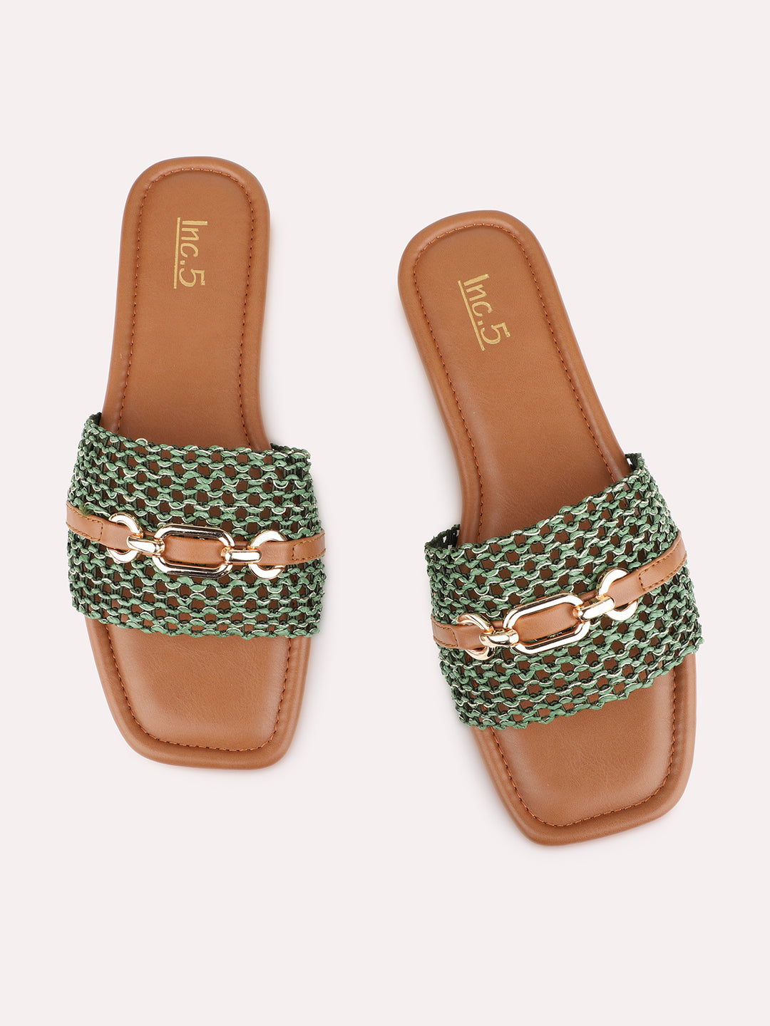 Womens Green Casual Embossed Square Toe Flat Slip-Ons