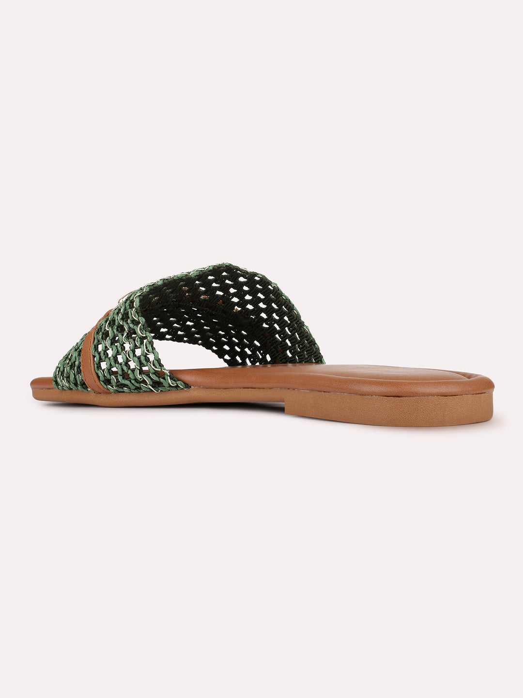 Womens Green Casual Embossed Square Toe Flat Slip-Ons