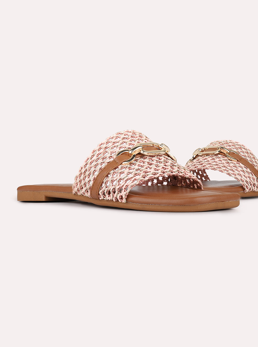 Womens Peach Casual Embossed Square Toe Flat Slip-Ons