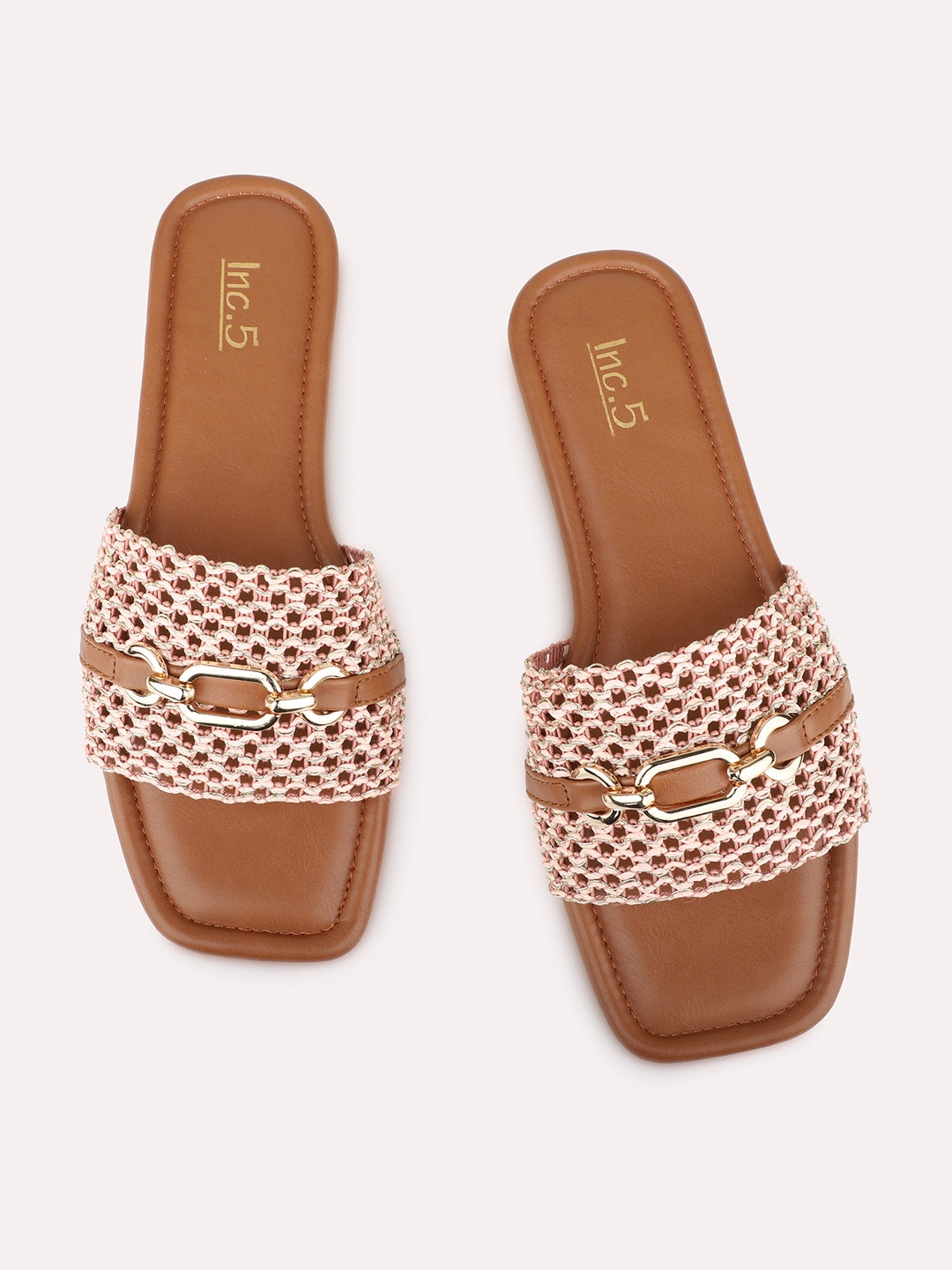 Womens Peach Casual Embossed Square Toe Flat Slip-Ons
