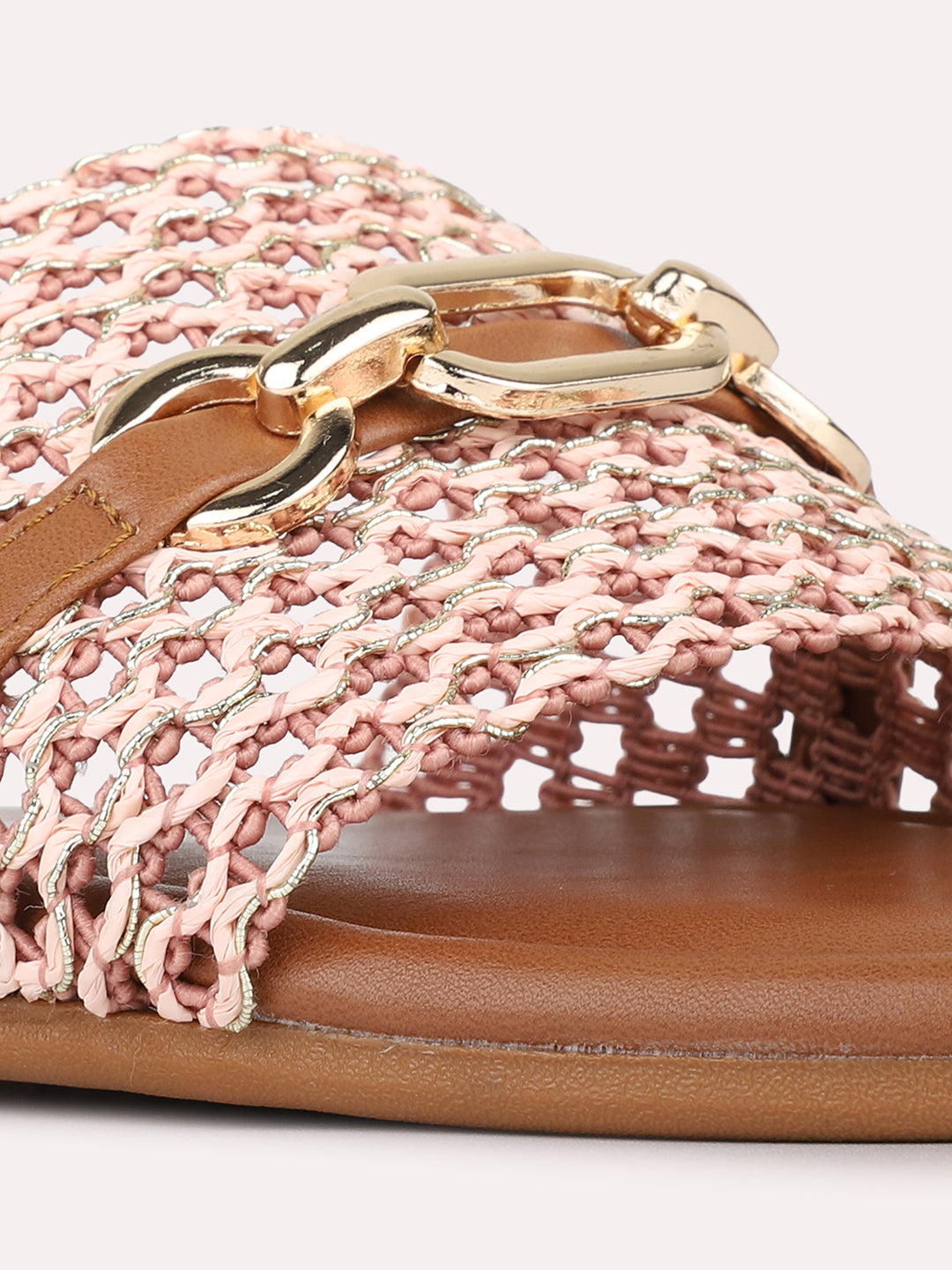 Womens Peach Casual Embossed Square Toe Flat Slip-Ons