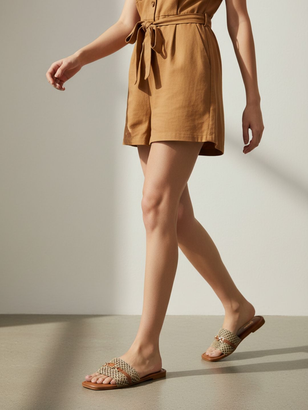 Womens Tan Casual Embellished Open Toe Slip-On Flats