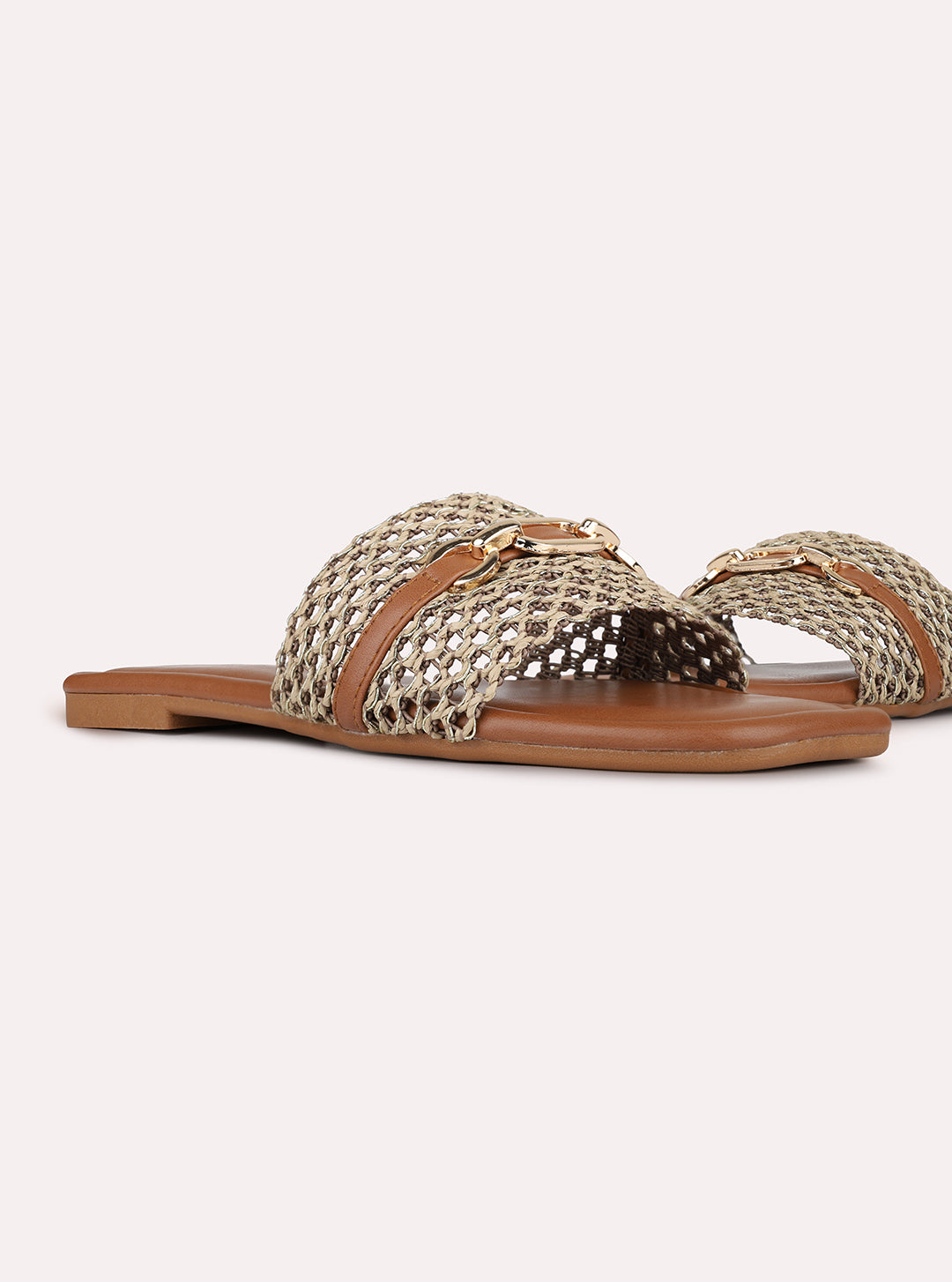 Womens Tan Casual Embellished Open Toe Slip-On Flats