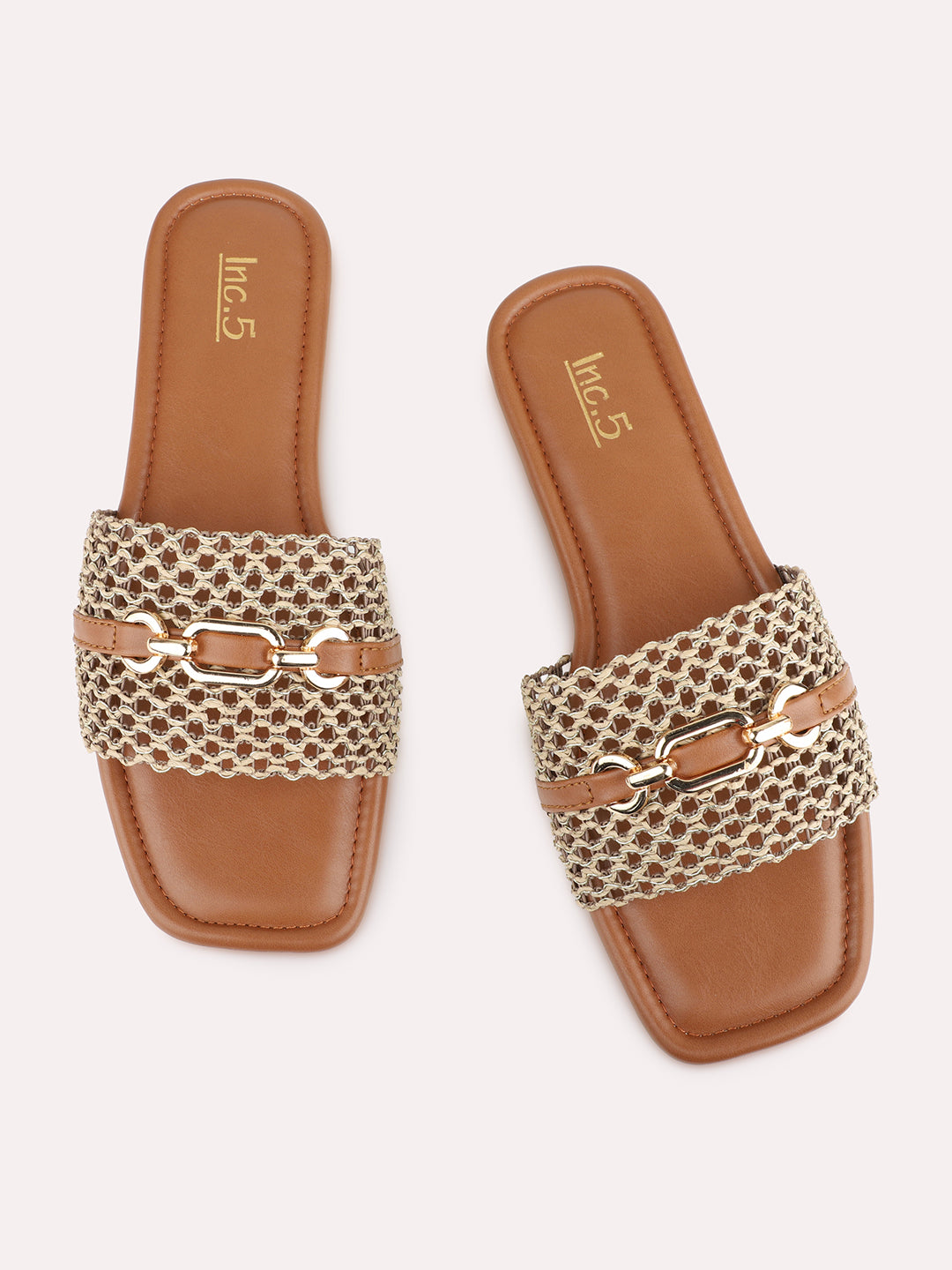 Womens Tan Casual Embellished Open Toe Slip-On Flats