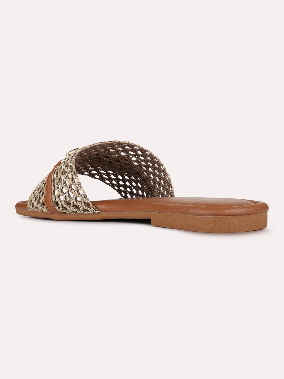 Womens Tan Casual Embellished Open Toe Slip-On Flats