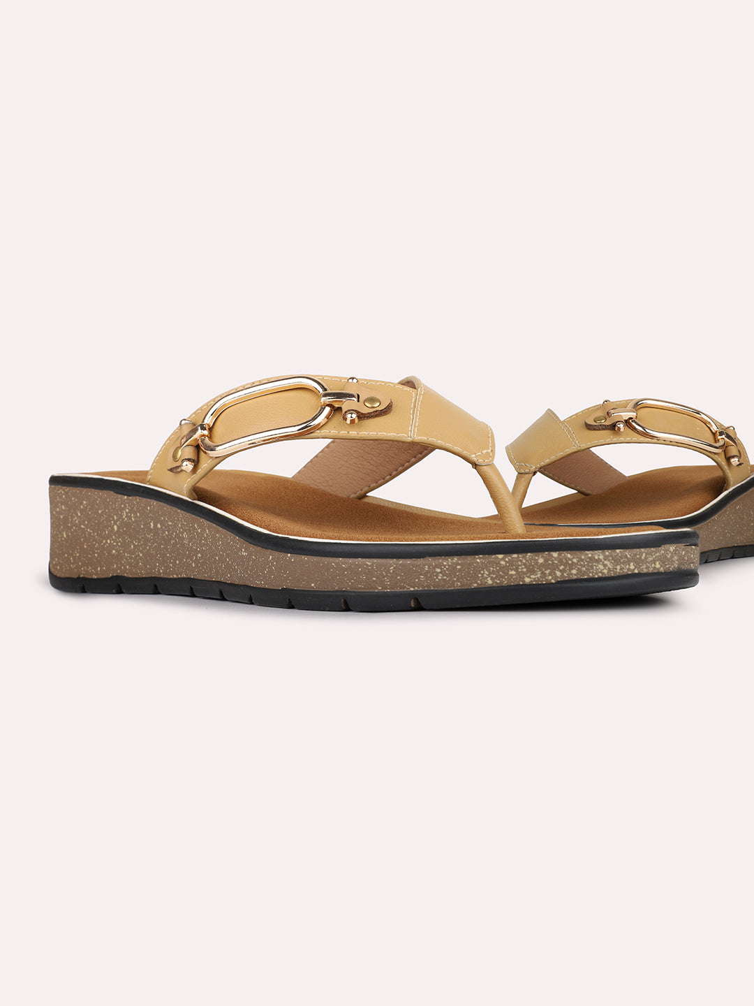 Womens Beige Casual Embellished Round Toe Wedge Heels