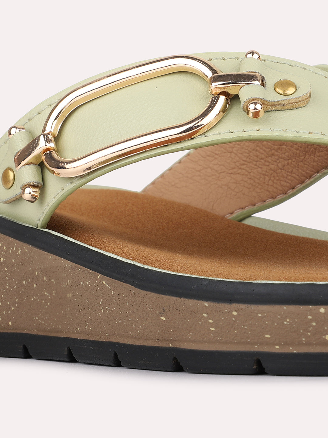 Womens Green Casual Embellished Round Toe Wedge Heels