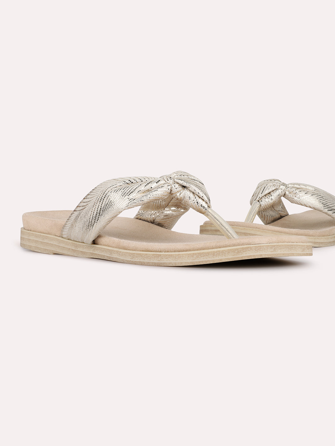 Womens Golden Casual Embellished Pattern T-Strap Flat Slip-Ons