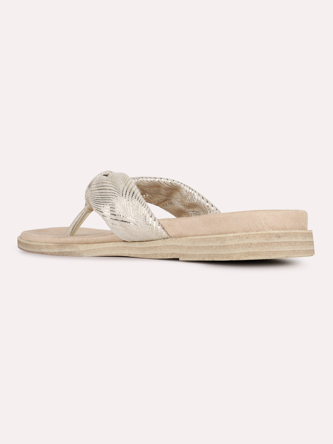 Womens Golden Casual Embellished Pattern T-Strap Flat Slip-Ons
