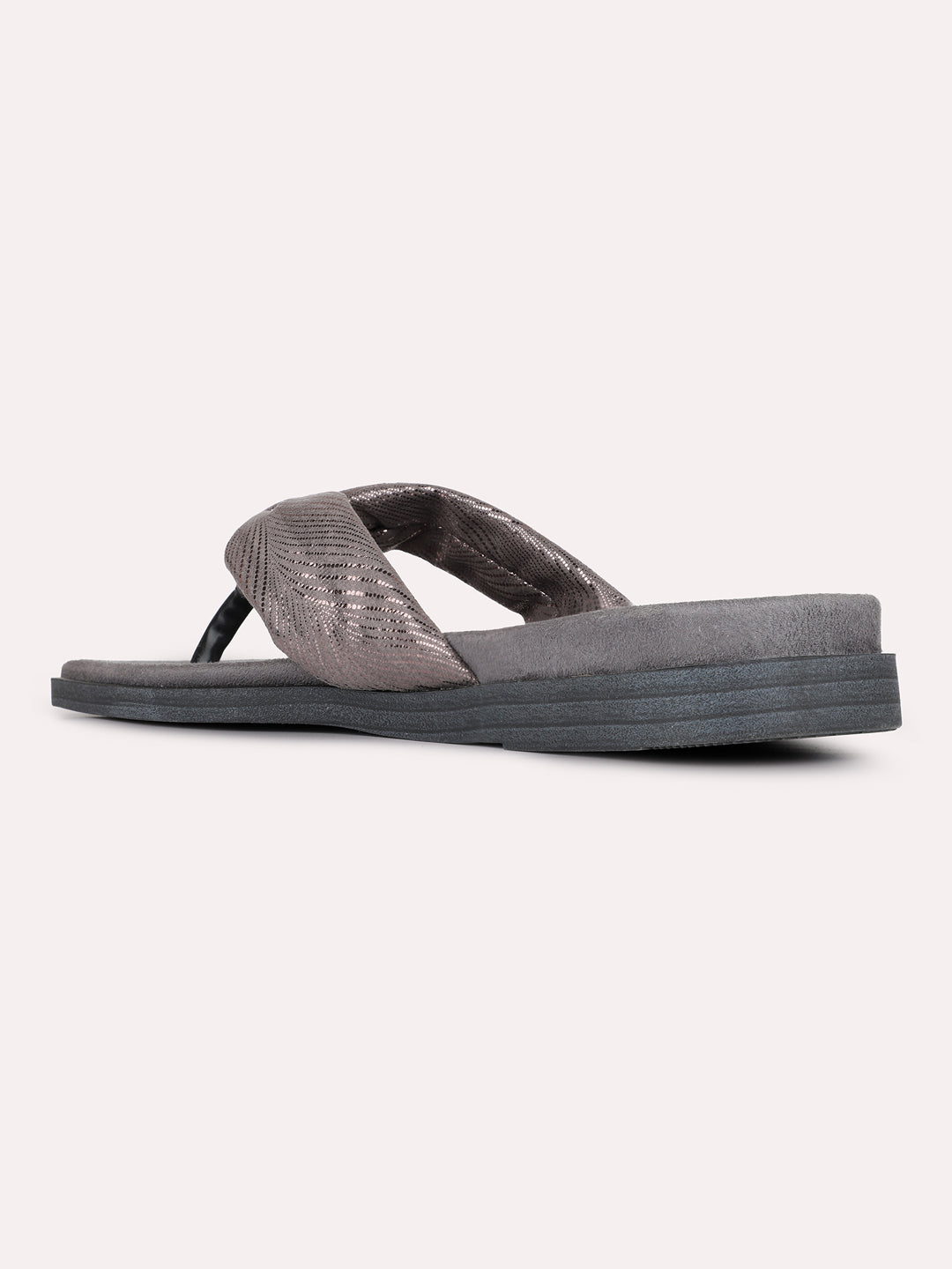 Womens Pewter Casual Embellished T-Strap Slip-On Flats