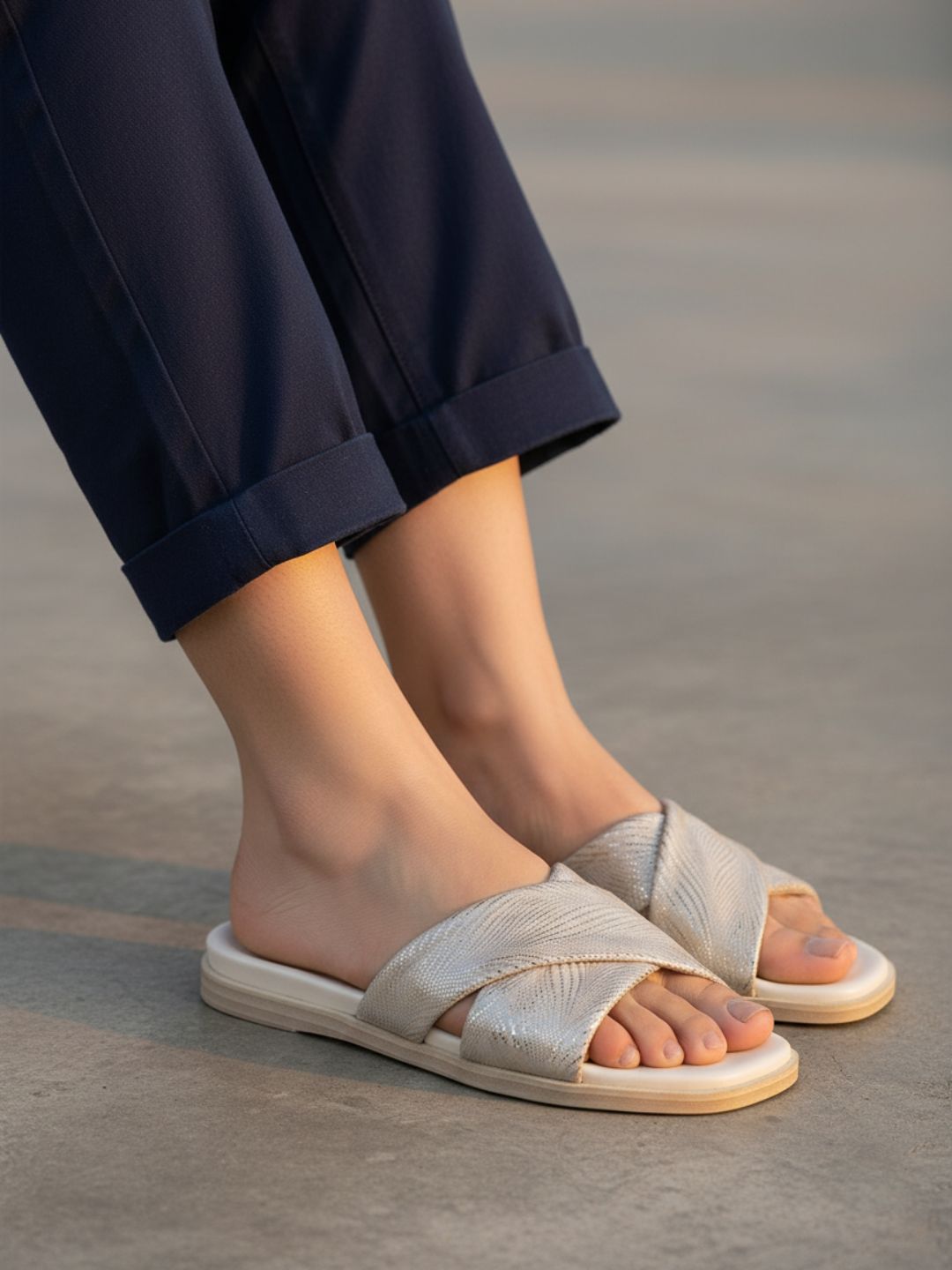 Womens Golden Casual Embellished Open Toe Slip-On Flats
