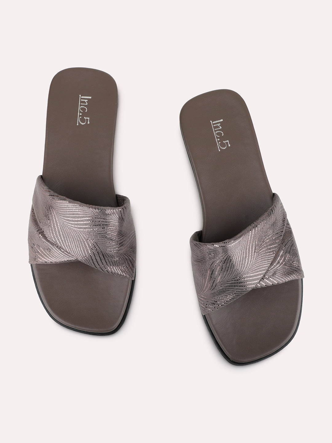 Womens Pewter Casual Embellished Open Toe Slip-On Flats
