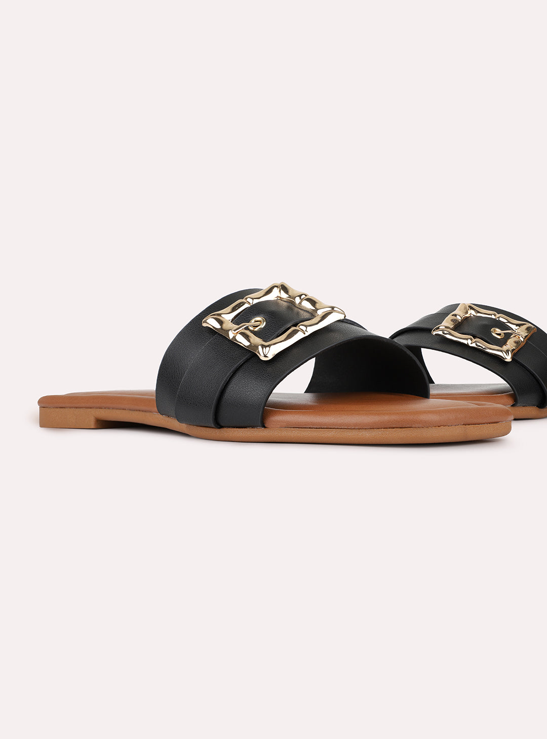 Womens Black Casual Solid Square Toe Flat Slip-Ons