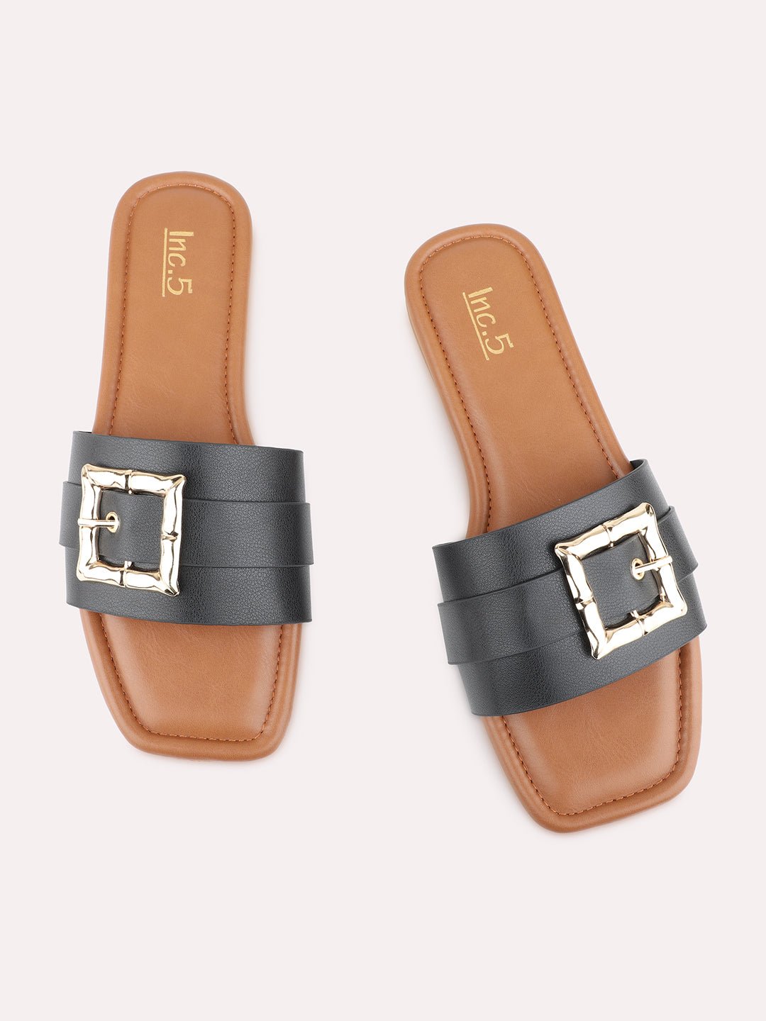 Womens Black Casual Solid Square Toe Flat Slip-Ons