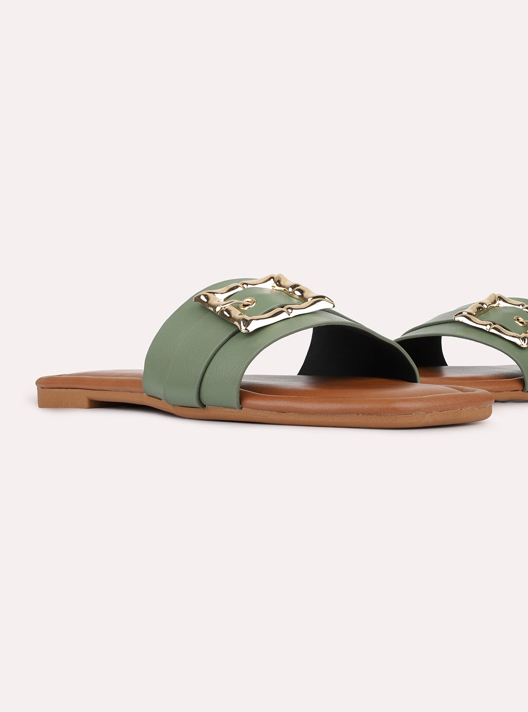 Womens Green Casual Solid Square Toe Flat Slip-Ons