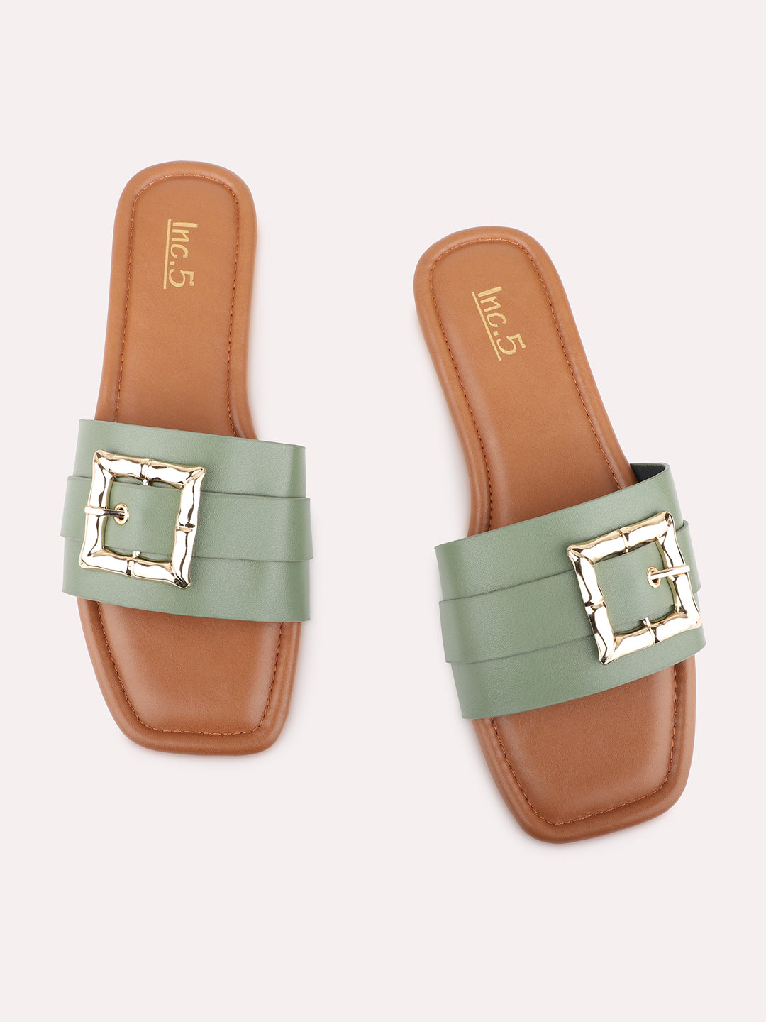 Womens Green Casual Solid Square Toe Flat Slip-Ons