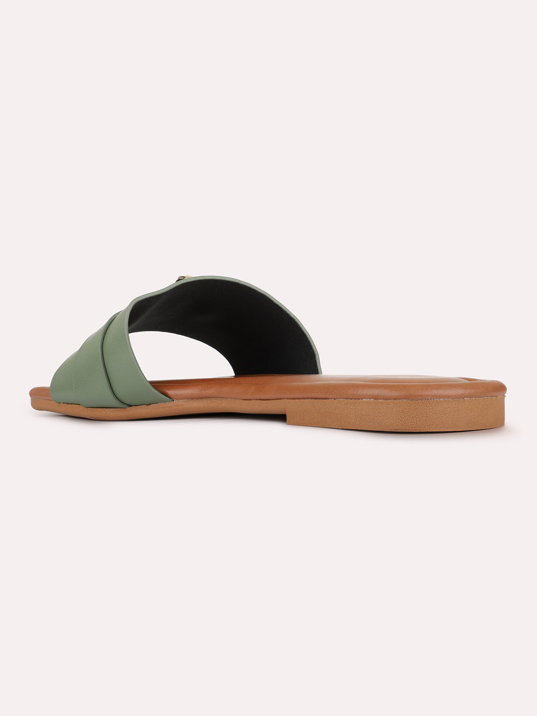 Womens Green Casual Solid Square Toe Flat Slip-Ons