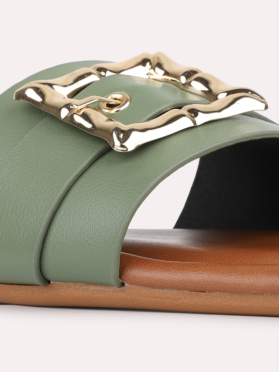 Womens Green Casual Solid Square Toe Flat Slip-Ons