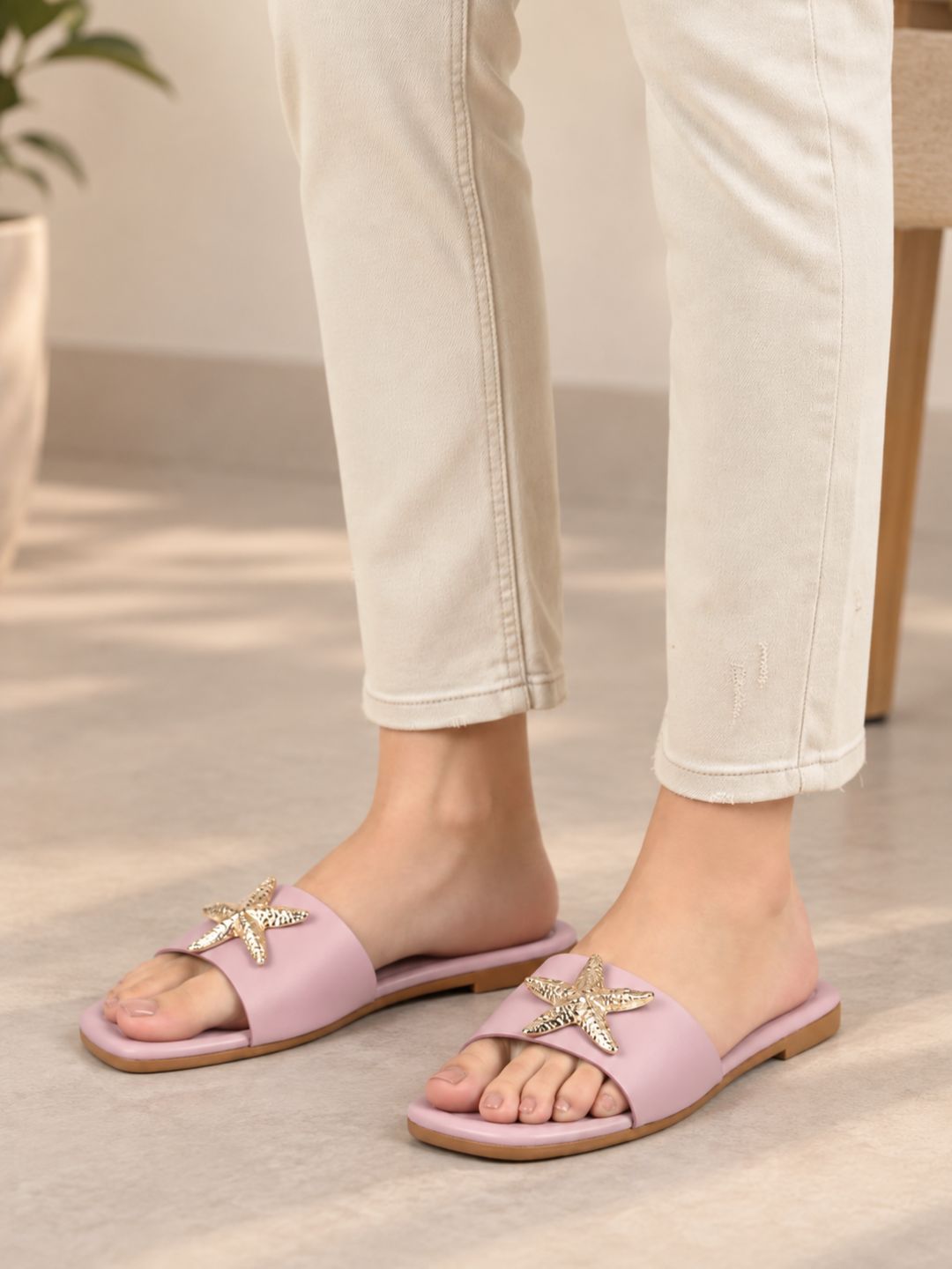 Womens Purple Casual Solid Square Toe Flat Slip-Ons