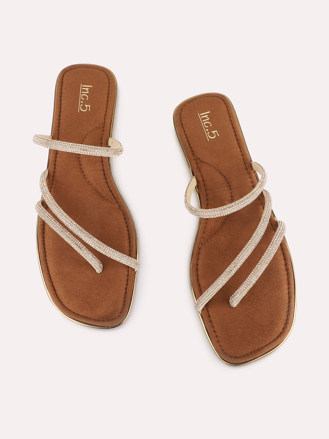 Womens Golden Ethnic Striped One Toe Slip-On Flats