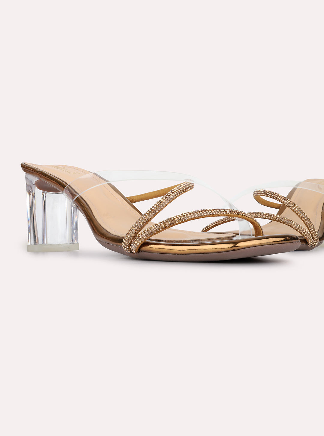 Womens Golden Ethnic Embellished Pattern Square Toe Shape Heels