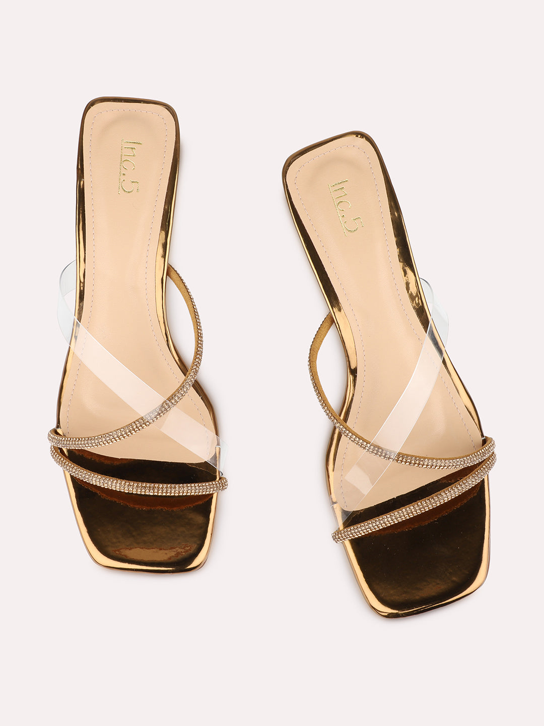 Womens Golden Ethnic Embellished Pattern Square Toe Shape Heels