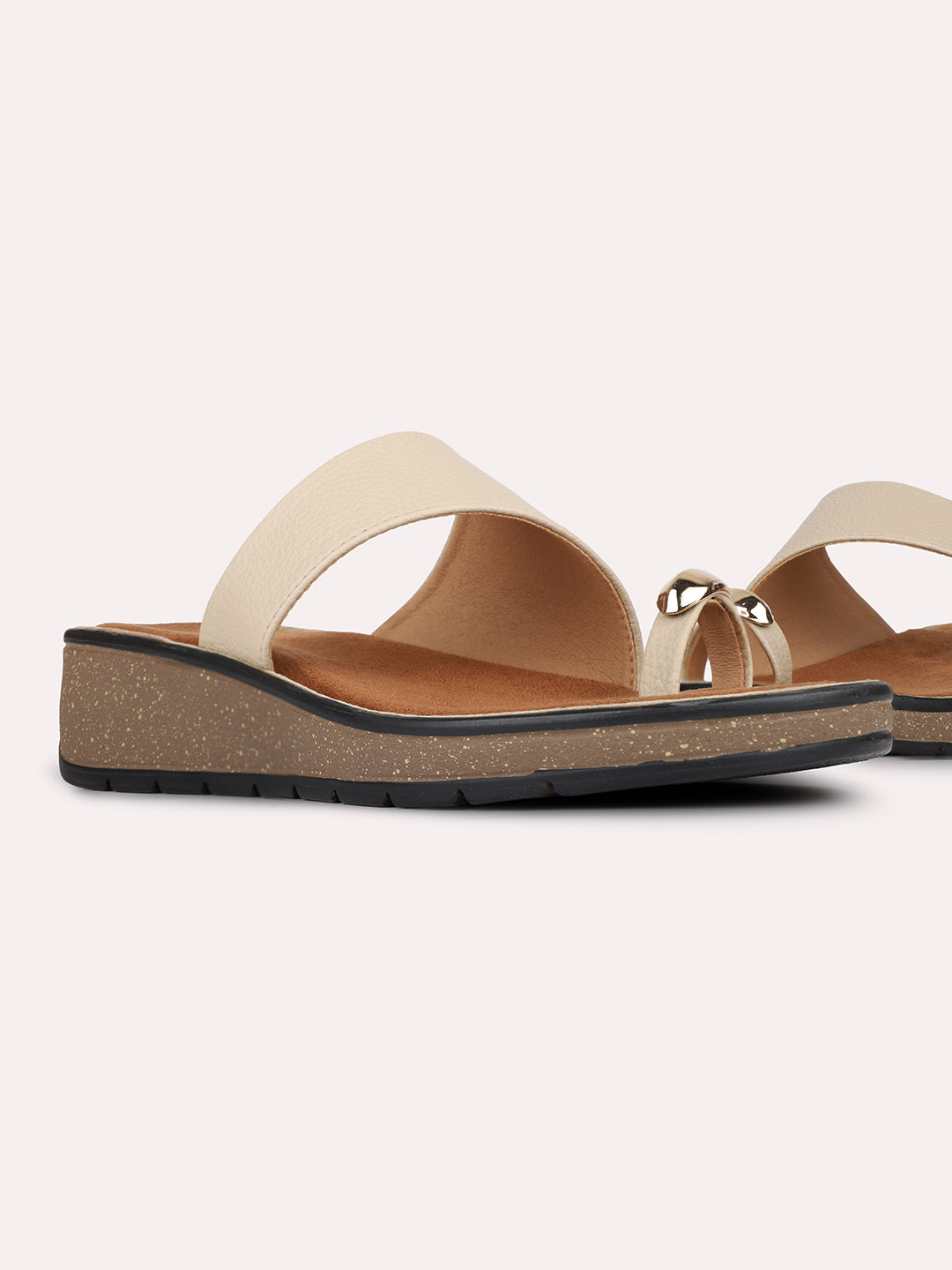 Womens Beige Casual Solid One Toe Slip-On Flats