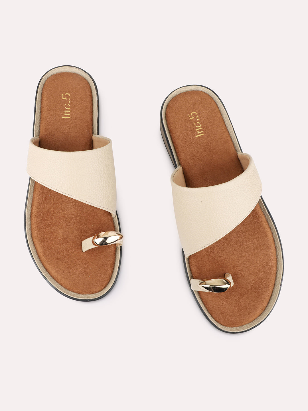 Womens Beige Casual Solid One Toe Slip-On Flats